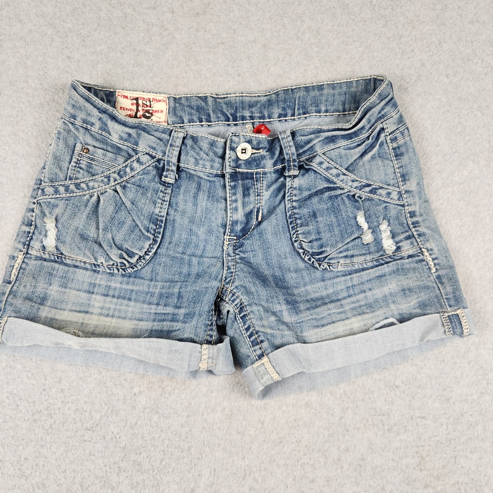 1st Kiss Jean Shorts Womens Size 7 Blue Denim Distressed Y2K McBling Cuffed Hem
